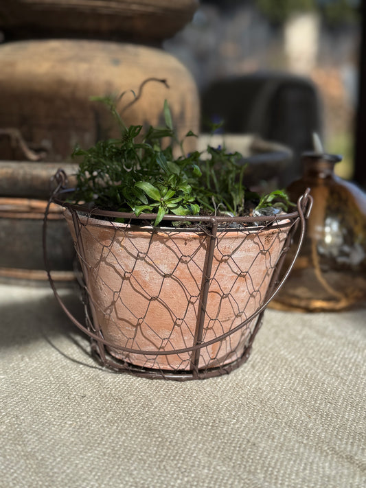 Terracotta bloempot in gaasmand met hengsel