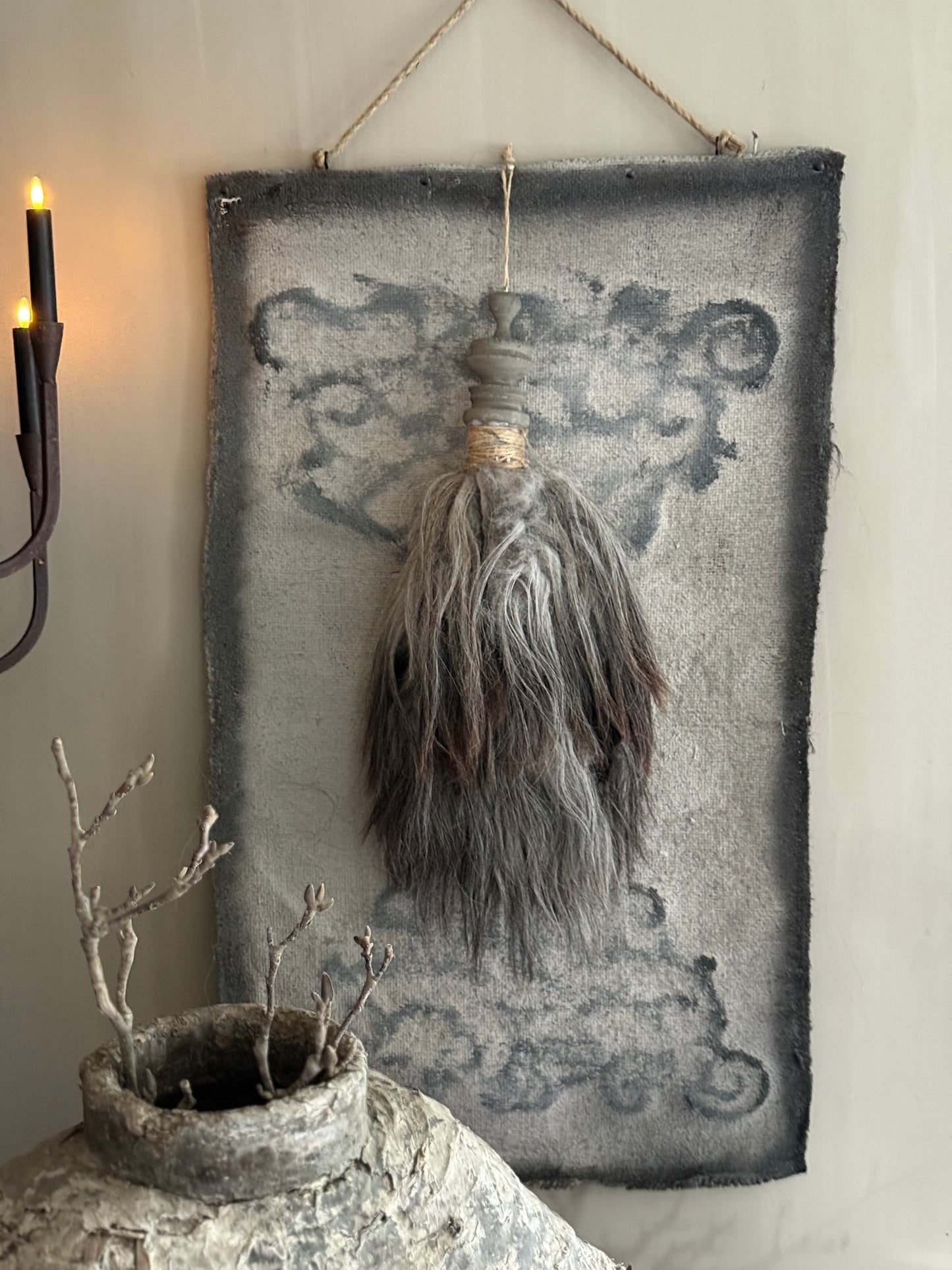 Lime cloth with ornament and sheepskin tuft (LHT01)