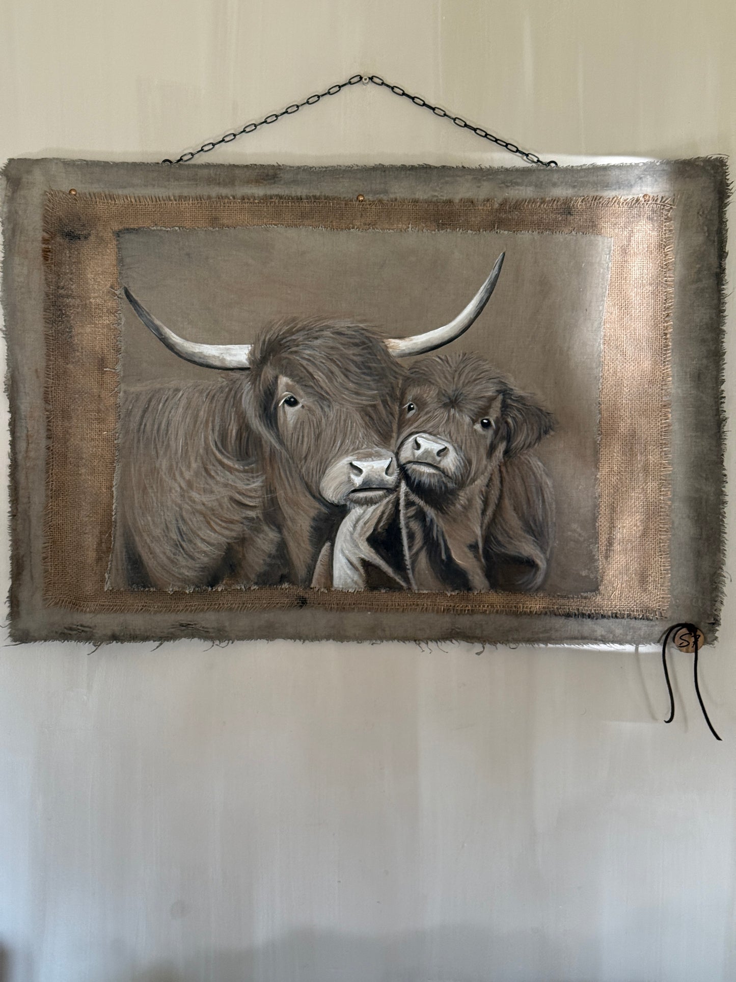 Chalk Paint Cloth "Scottish Highlander with Calf" - Hand-painted | 70 x 100 cm
