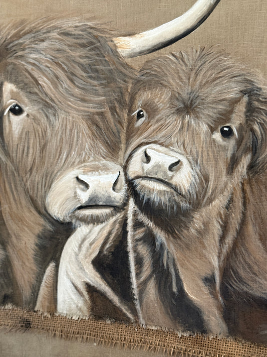 Kalkdoek "Schotse Hooglander met Kalf" – Handgeschilderd | 70 x 100 cm