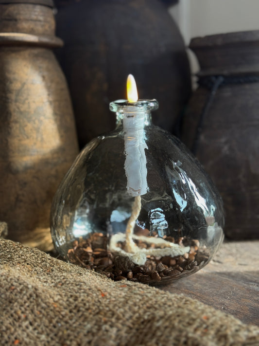 Glass teardrop lamp with LED candle, clear glass