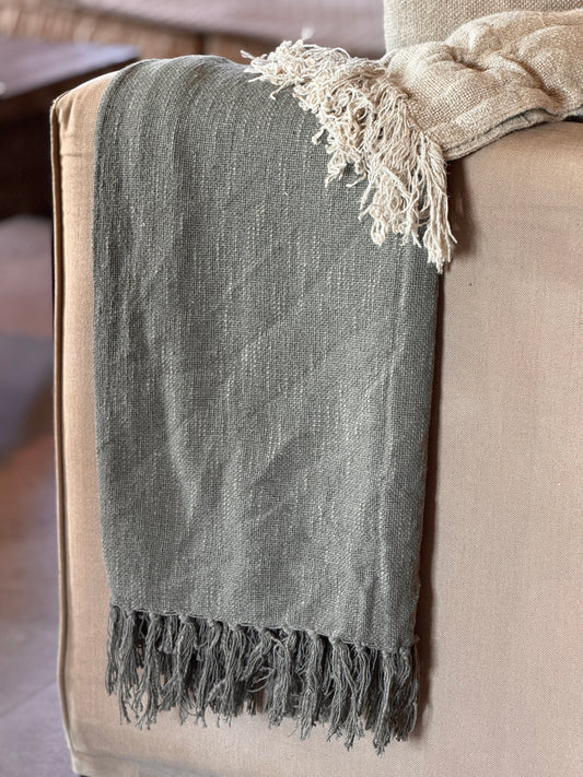 Cotton Plaid with Fringe -Green– 130x 160 cm.