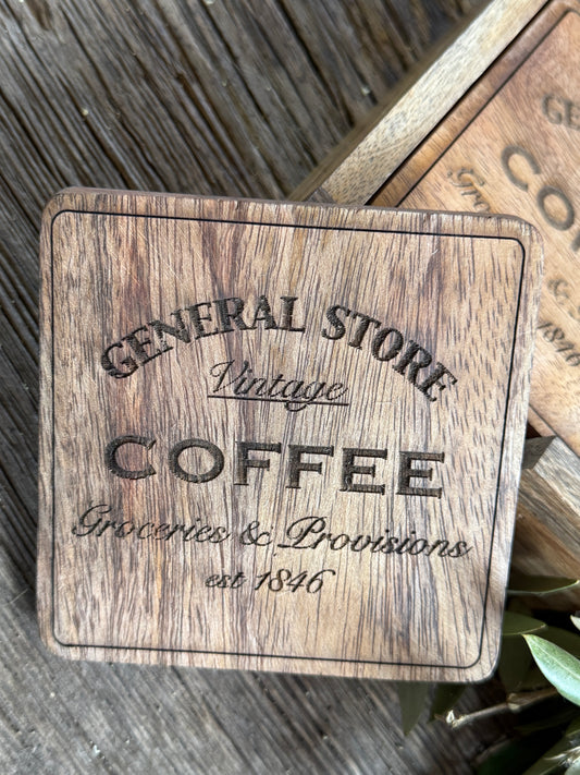 Wooden Coasters with Holder – Set of 4 – Coffee Design