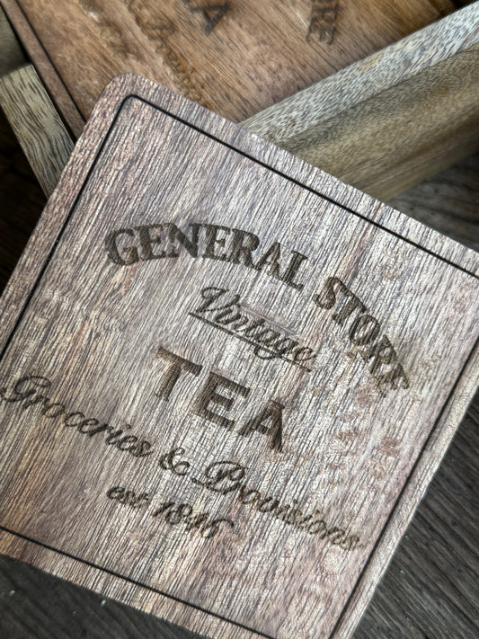 Wooden Coasters with Holder – Set of 4 – Tea Design