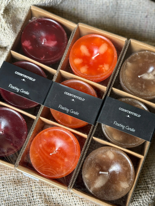 Drijfkaarsen XL- set van 3 stuks in de kleuren Cognac, Wijnrood, Oranje