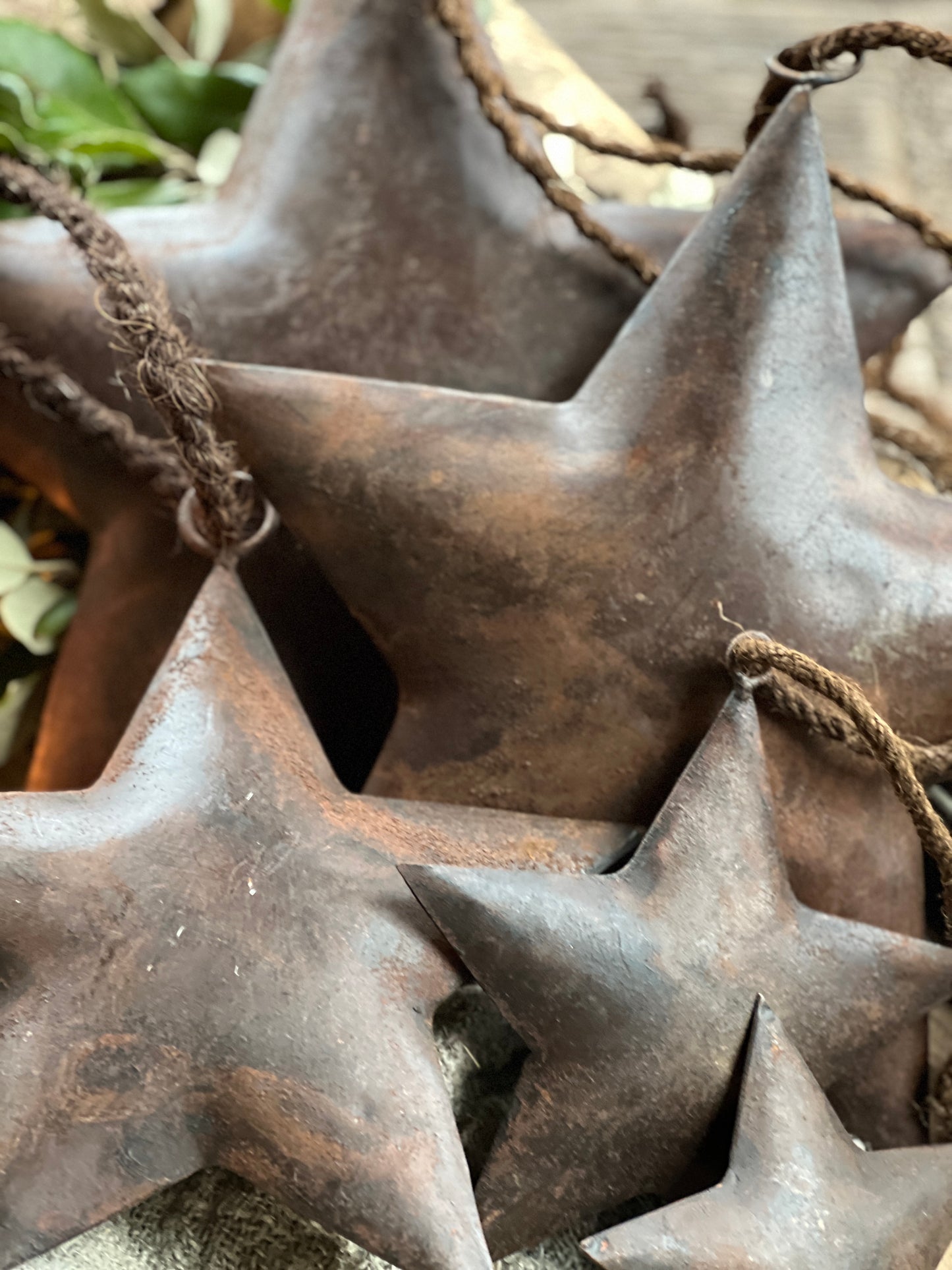Rusted star on sturdy rope available in various sizes