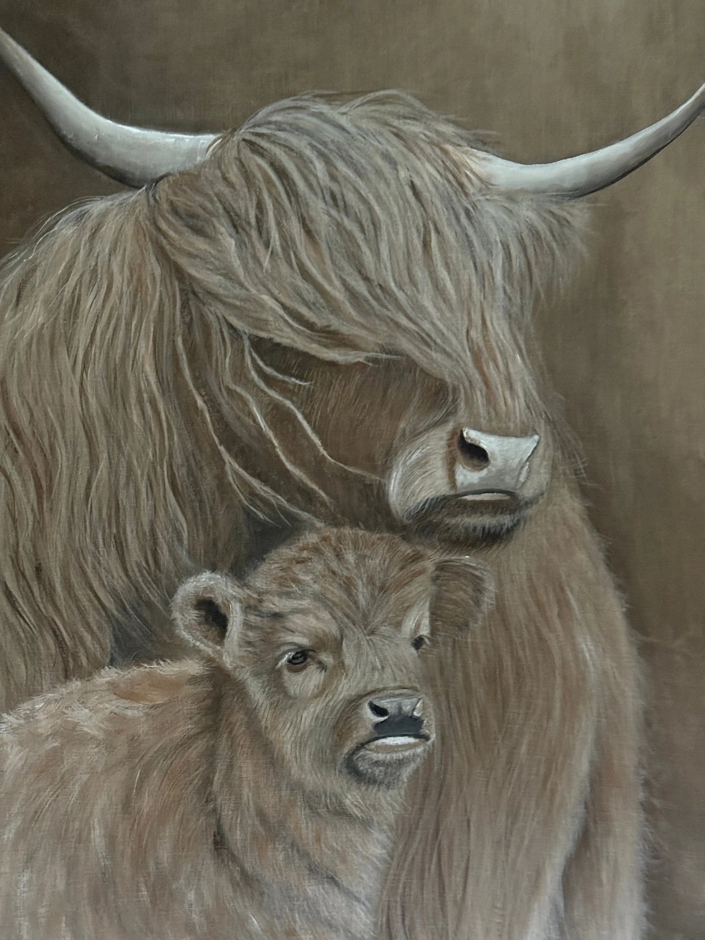 Kreidebild „Schottischer Hochländer mit Kalb“ – Handgemalt von San7