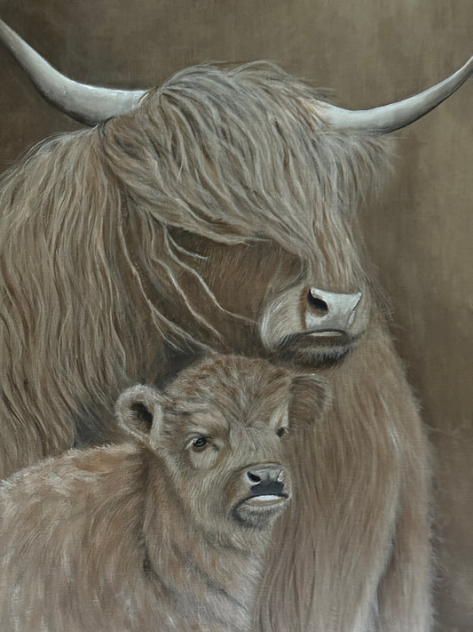 Chalk canvas "Scottish Highlander with Calf" – Hand painted by San7