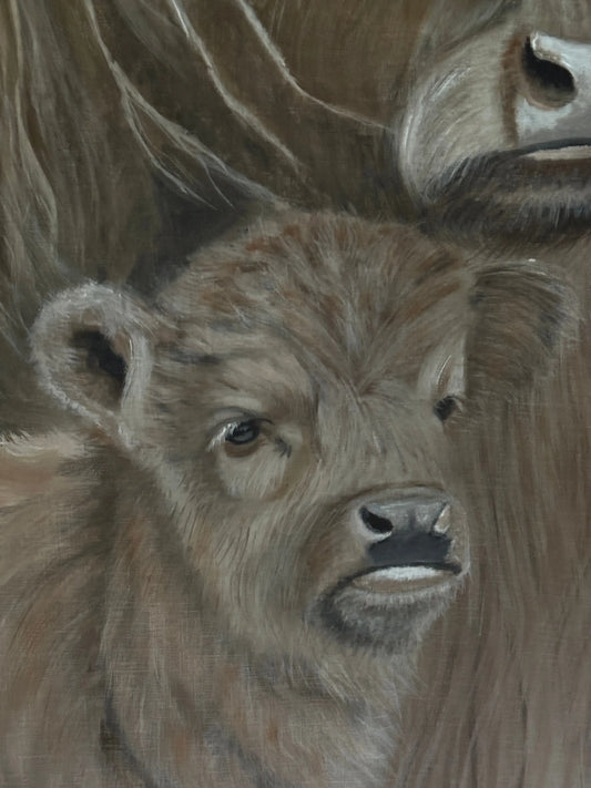 Kreidebild „Schottischer Hochländer mit Kalb“ – Handgemalt von San7