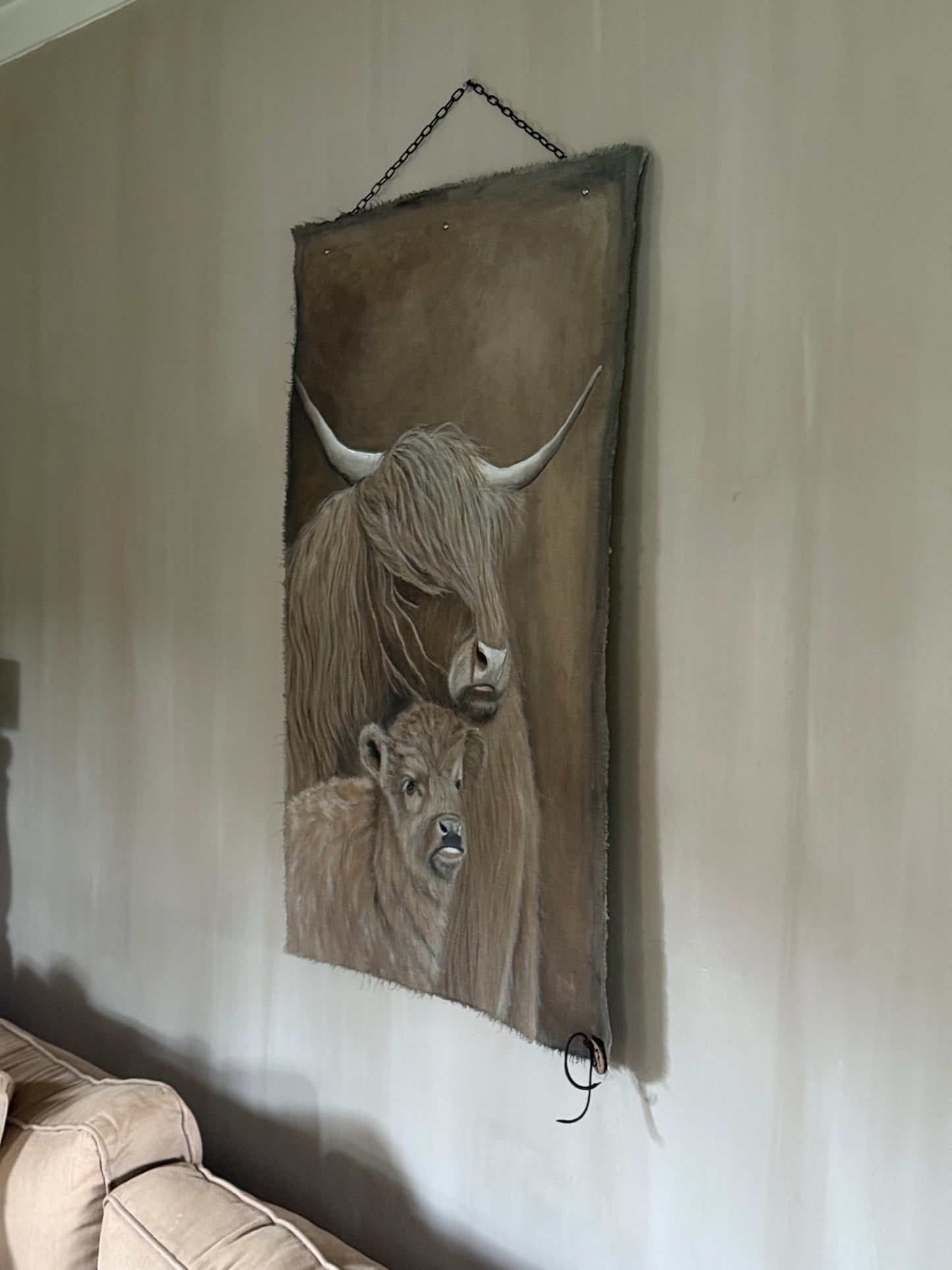 Chalk canvas "Scottish Highlander with Calf" – Hand painted by San7