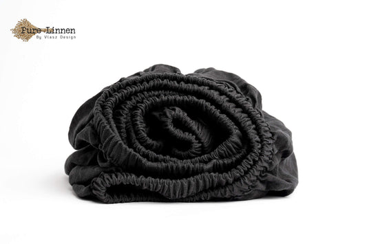 Linen Fitted Sheet Black/20cm - Pure Linen