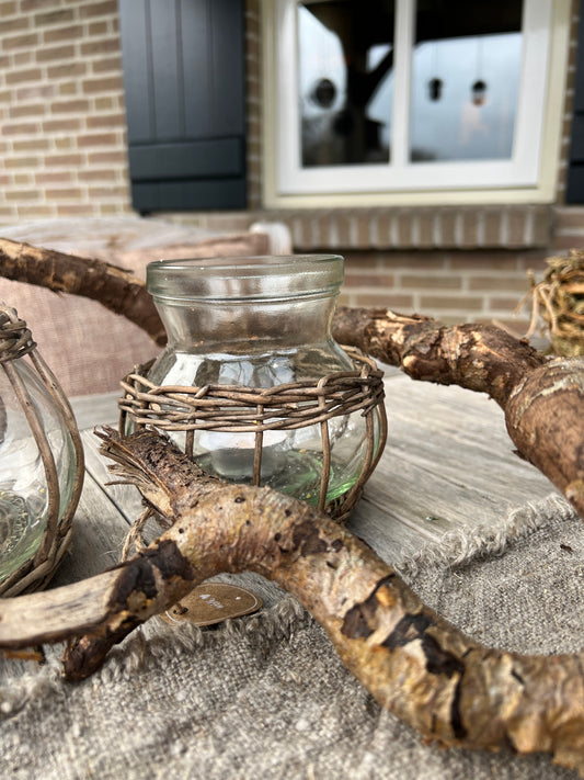 Glass vase tied with reed, available in 2 sizes