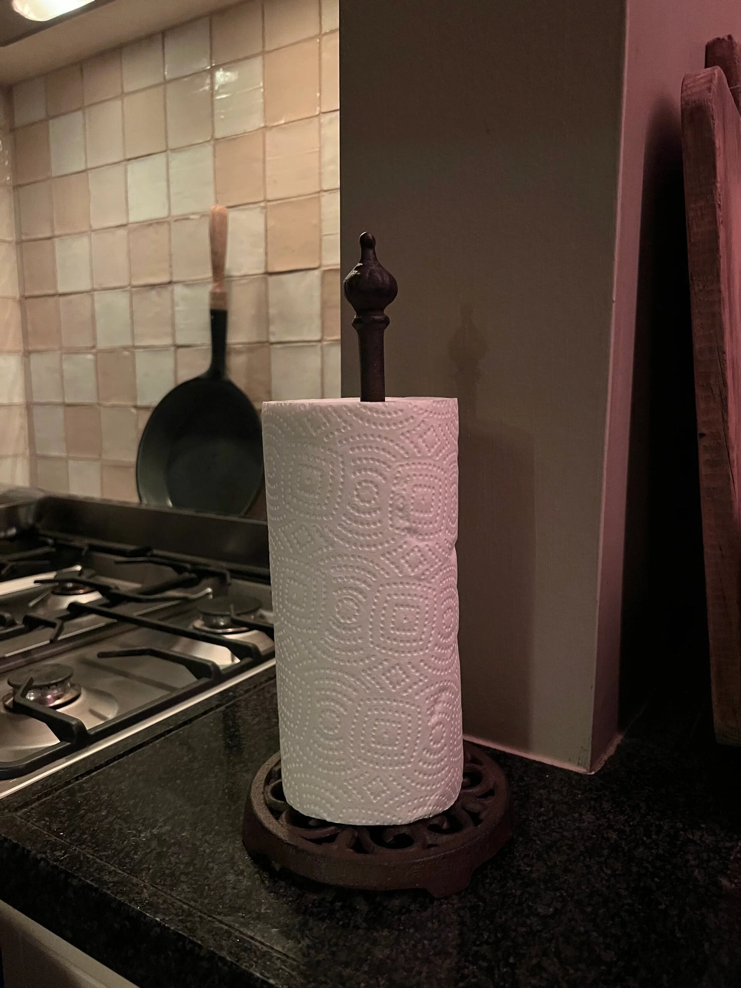 Wrought iron kitchen roll holder brown