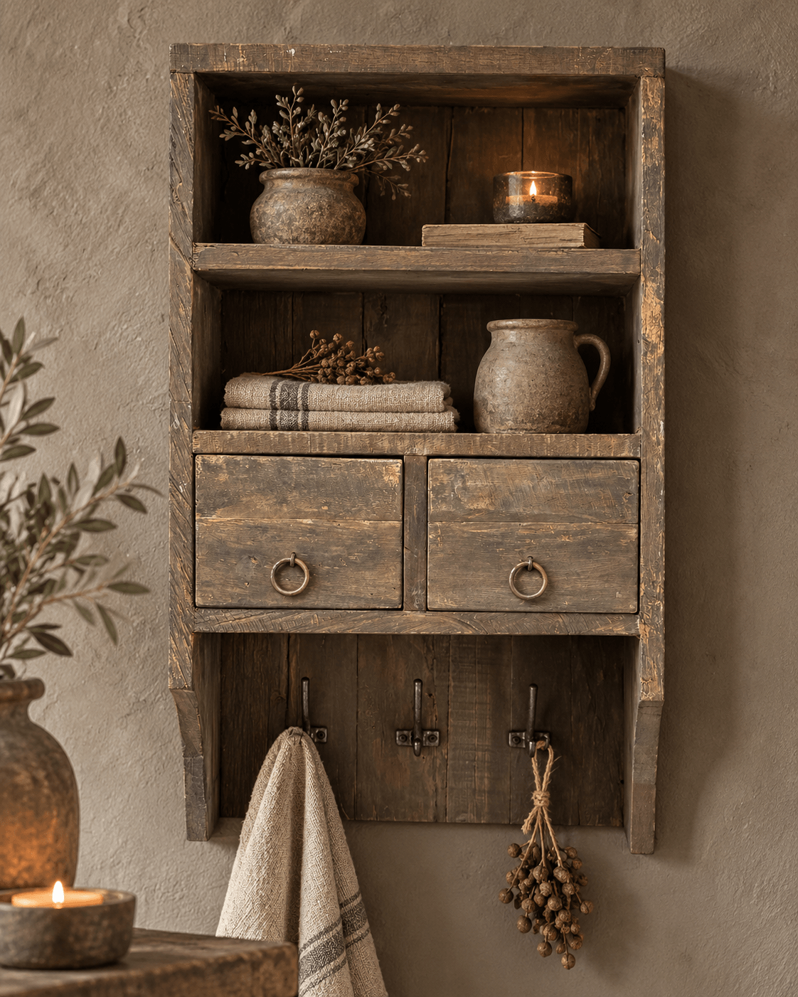 Rustic wall rack - 2 drawers - 65x41x21 cm.