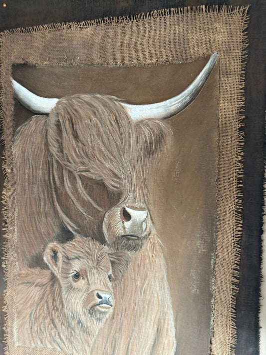 Kalkdoek schilderij Hooglander moeder en kind 90x70 cm