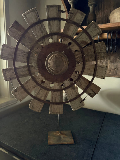 Wooden wheel on metal base