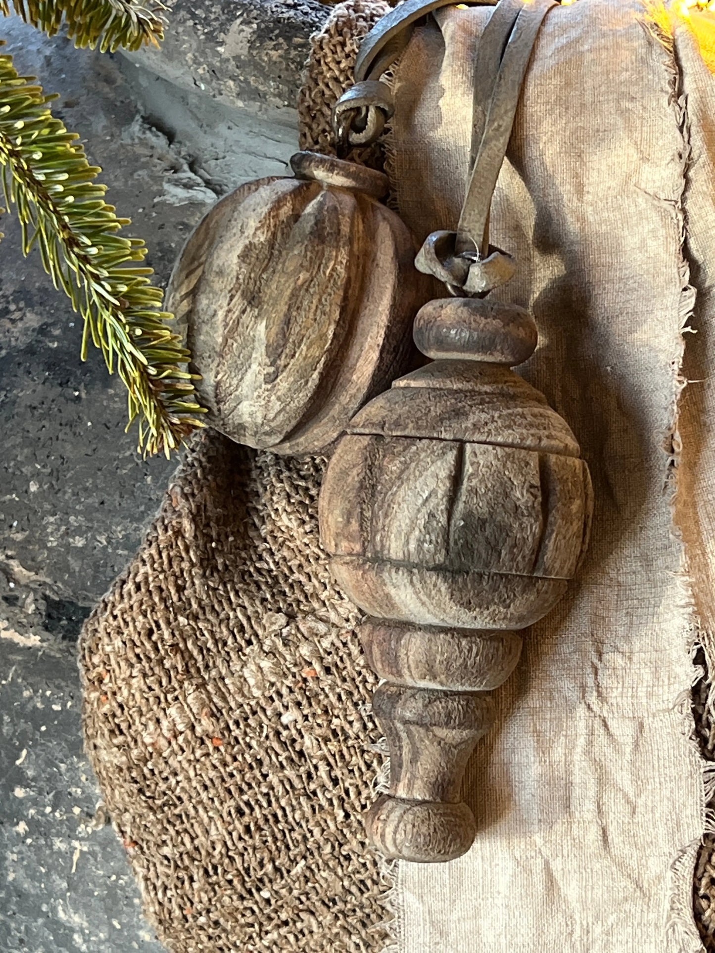 Round Wooden Spool with Wood Carving and Leather Cord