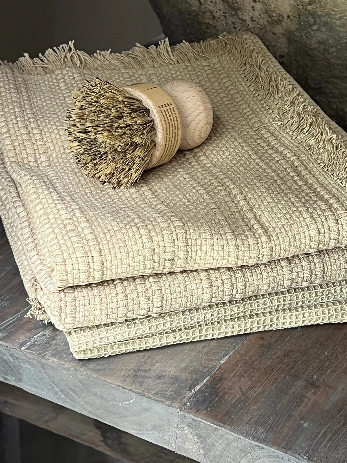 Theedoek geweven strepen, Beige-Oker