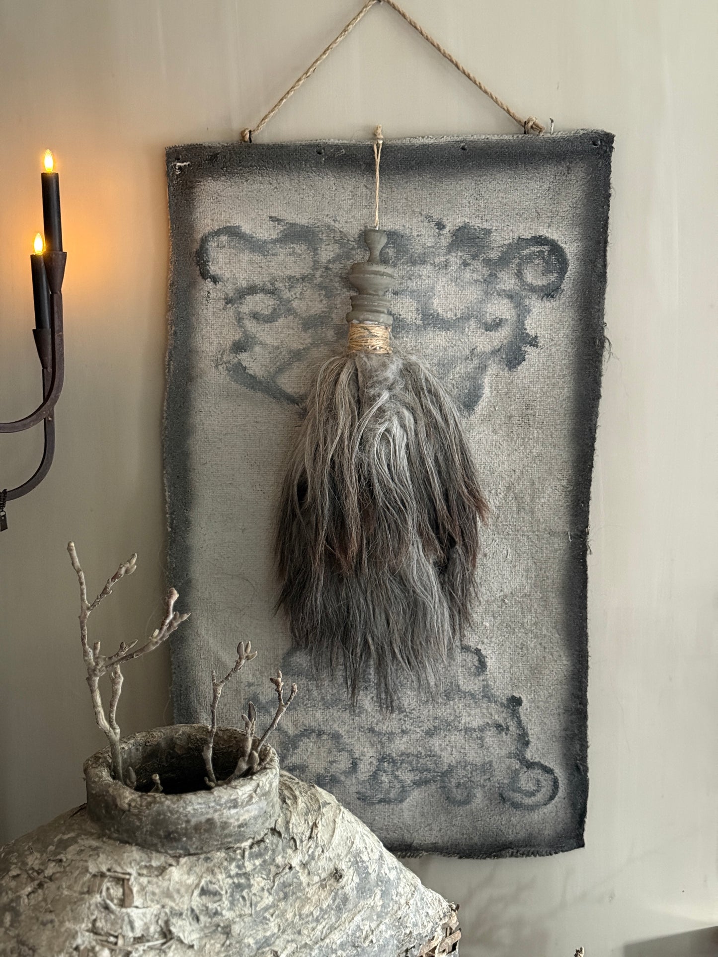 Lime cloth with ornament and sheepskin tuft (LHT01)