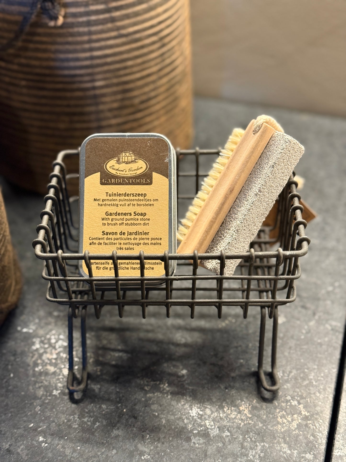 Soap Dish on Legs with Small Brush and a Tin of Gardener's Soap
