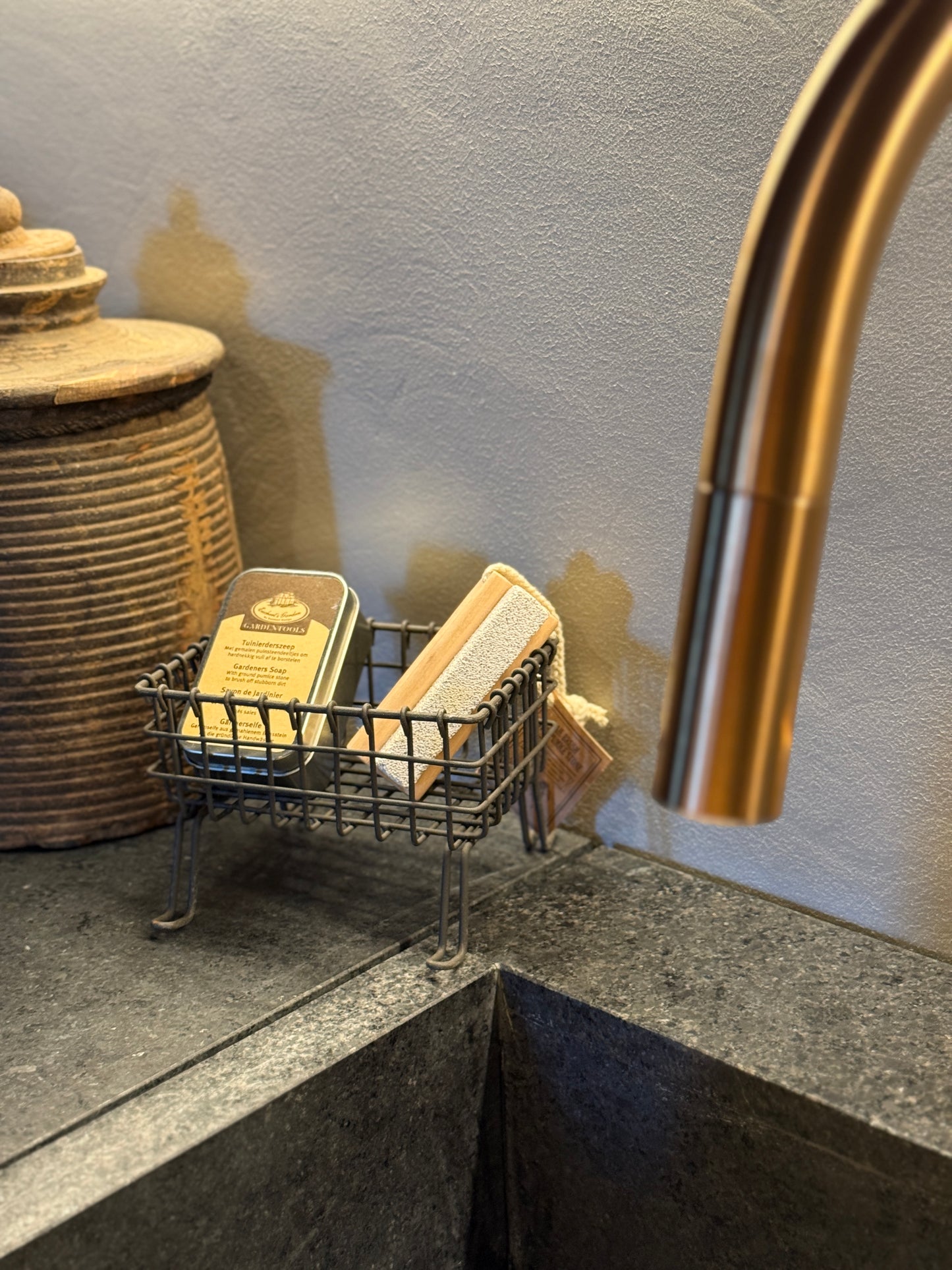 Soap Dish on Legs with Small Brush and a Tin of Gardener's Soap
