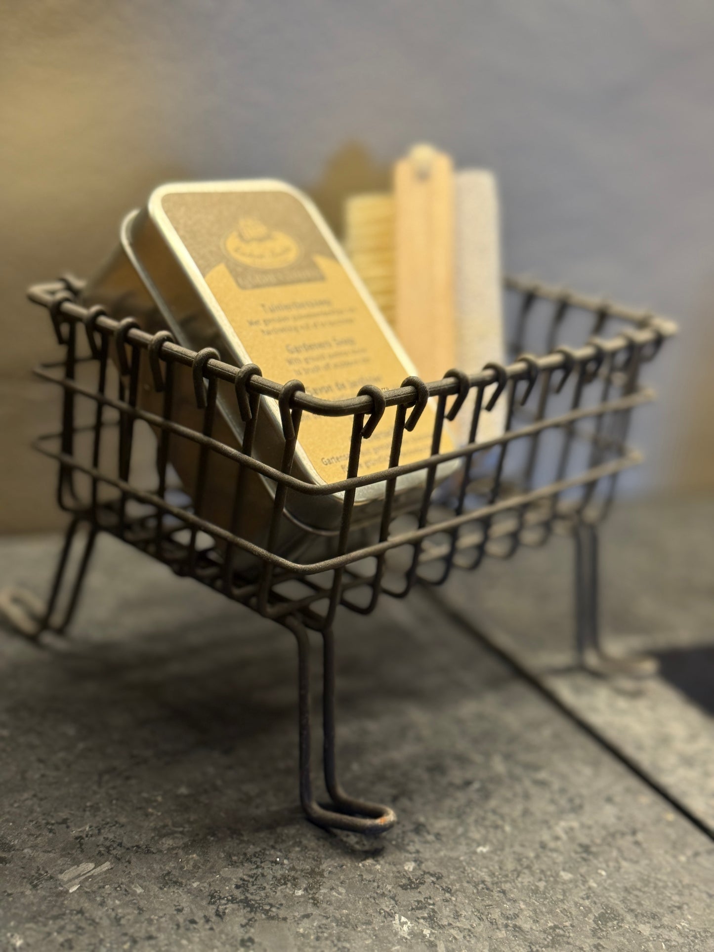 Soap Dish on Legs with Small Brush and a Tin of Gardener's Soap