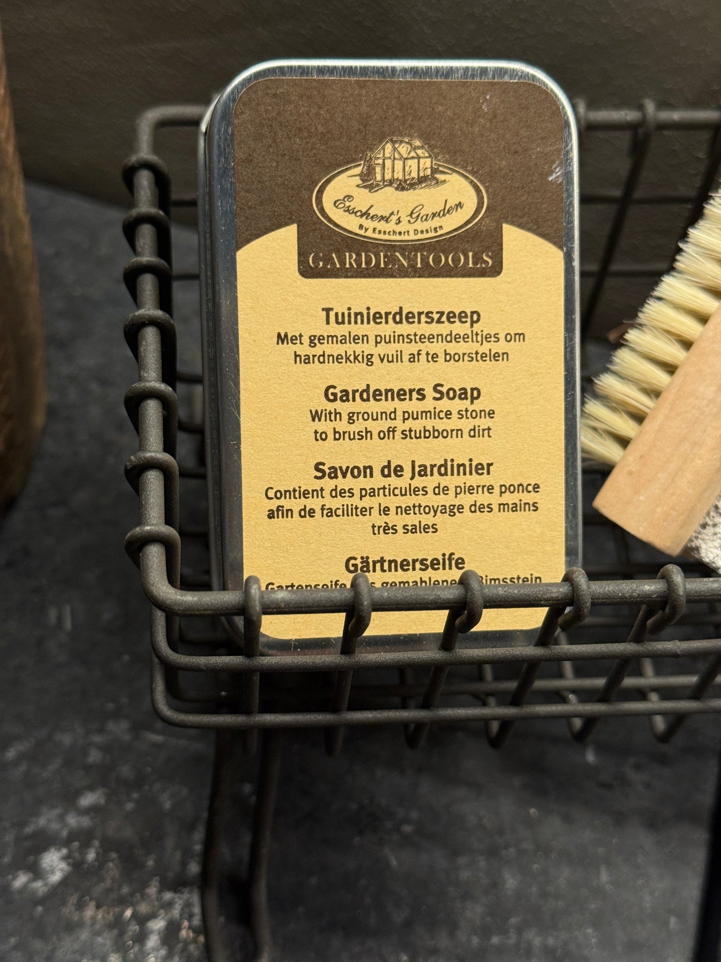 Soap Dish on Legs with Small Brush and a Tin of Gardener's Soap