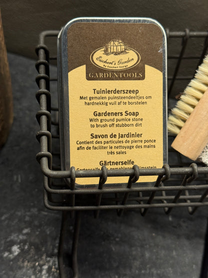 Soap Dish on Legs with Small Brush and a Tin of Gardener's Soap