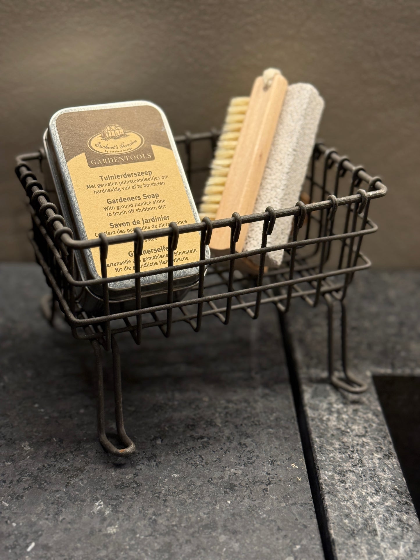 Soap Dish on Legs with Small Brush and a Tin of Gardener's Soap