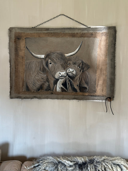 Kalkdoek "Schotse Hooglander met Kalf" – Handgeschilderd | 70 x 100 cm