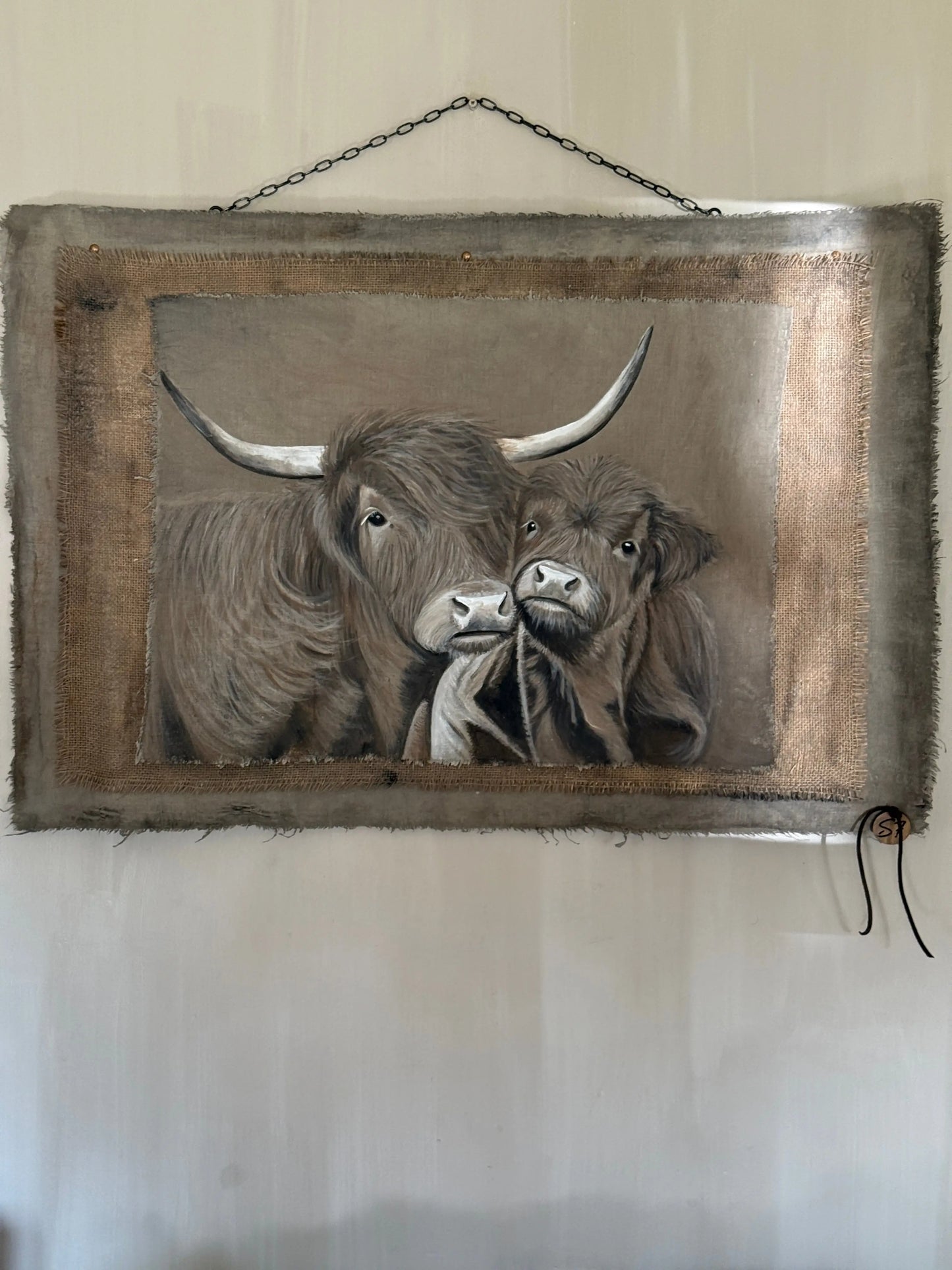 Chalk Paint Cloth "Scottish Highlander with Calf" - Hand-painted | 70 x 100 cm
