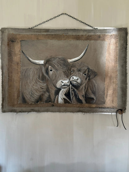Chalk Paint Cloth "Scottish Highlander with Calf" - Hand-painted | 70 x 100 cm