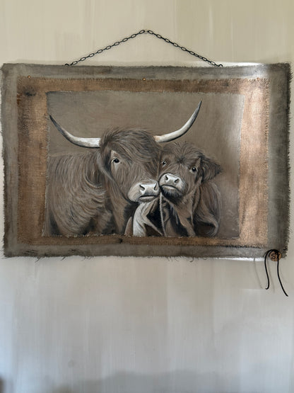 Chalk Paint Cloth "Scottish Highlander with Calf" - Hand-painted | 70 x 100 cm