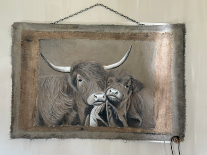 Chalk Paint Cloth "Scottish Highlander with Calf" - Hand-painted | 70 x 100 cm