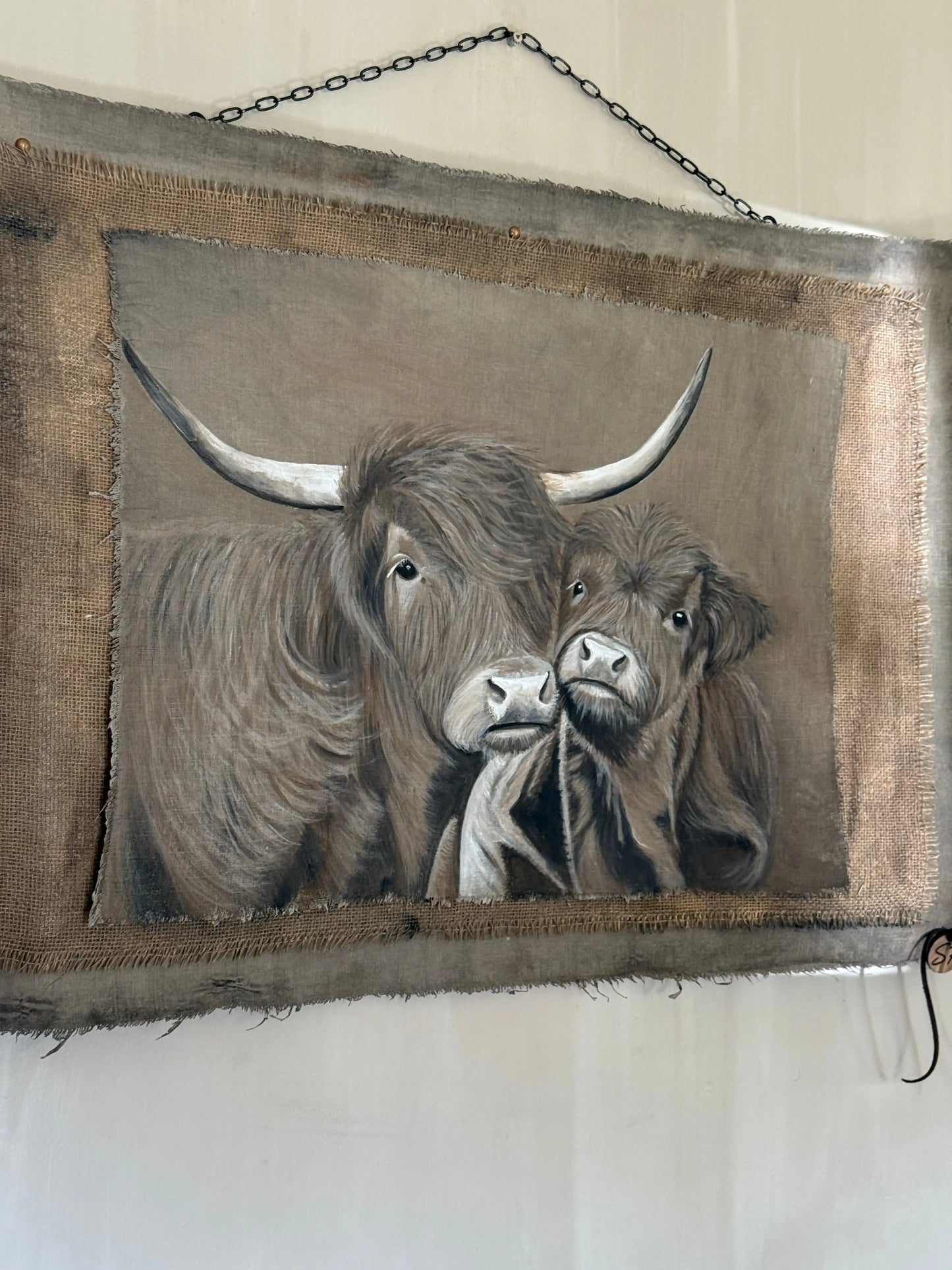 Chalk Paint Cloth "Scottish Highlander with Calf" - Hand-painted | 70 x 100 cm