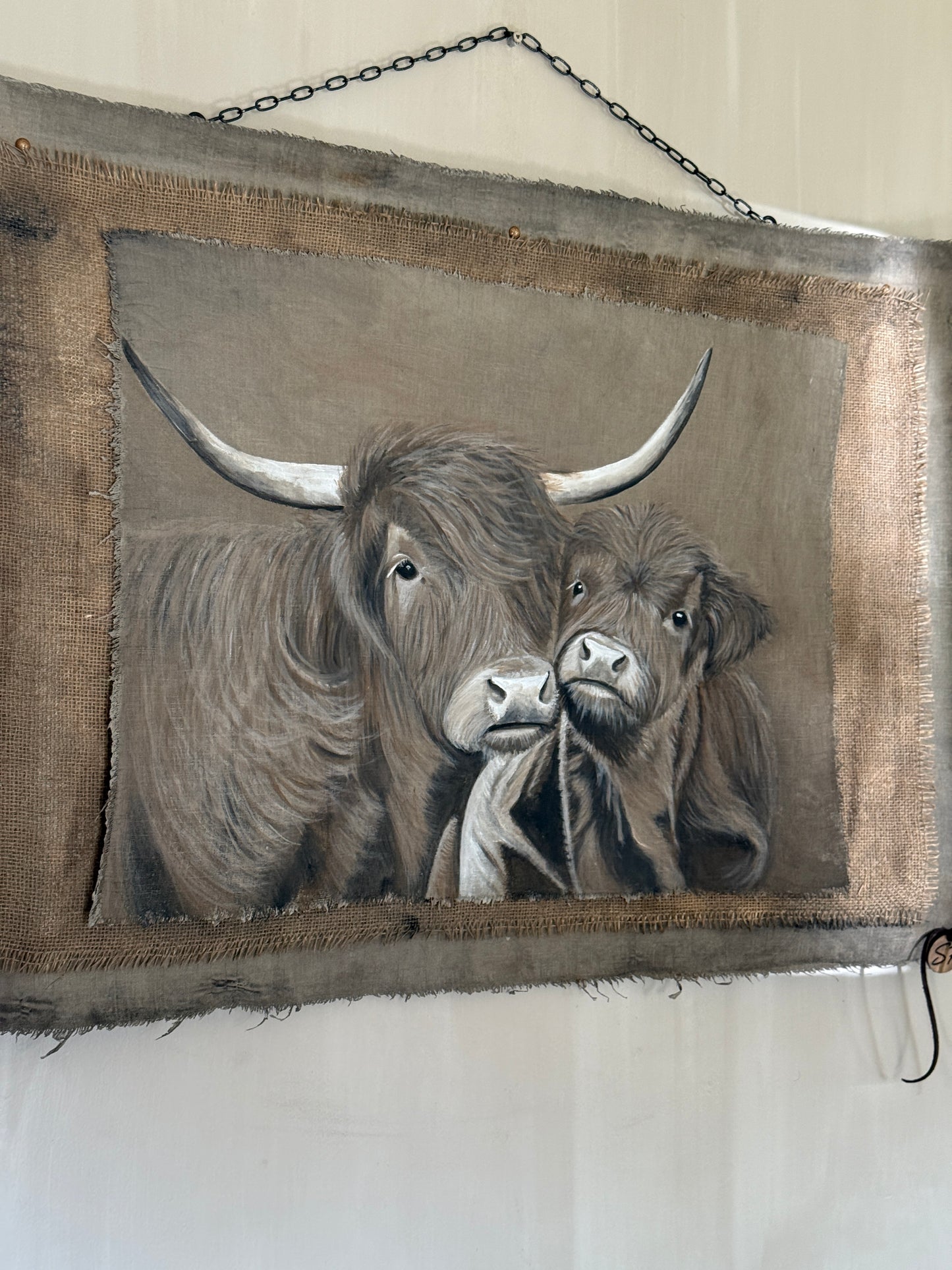 Chalk Paint Cloth "Scottish Highlander with Calf" - Hand-painted | 70 x 100 cm