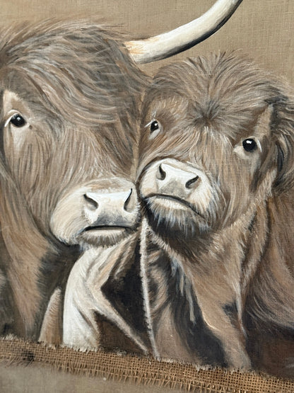 Chalk Paint Cloth "Scottish Highlander with Calf" - Hand-painted | 70 x 100 cm