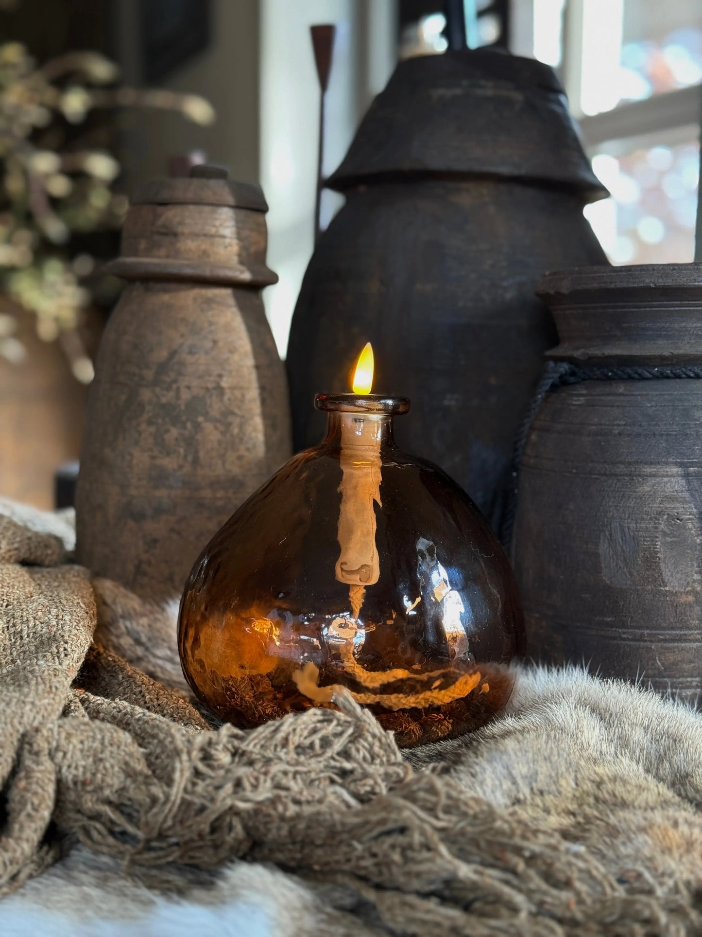 Glass teardrop lamp with LED candle, Brown