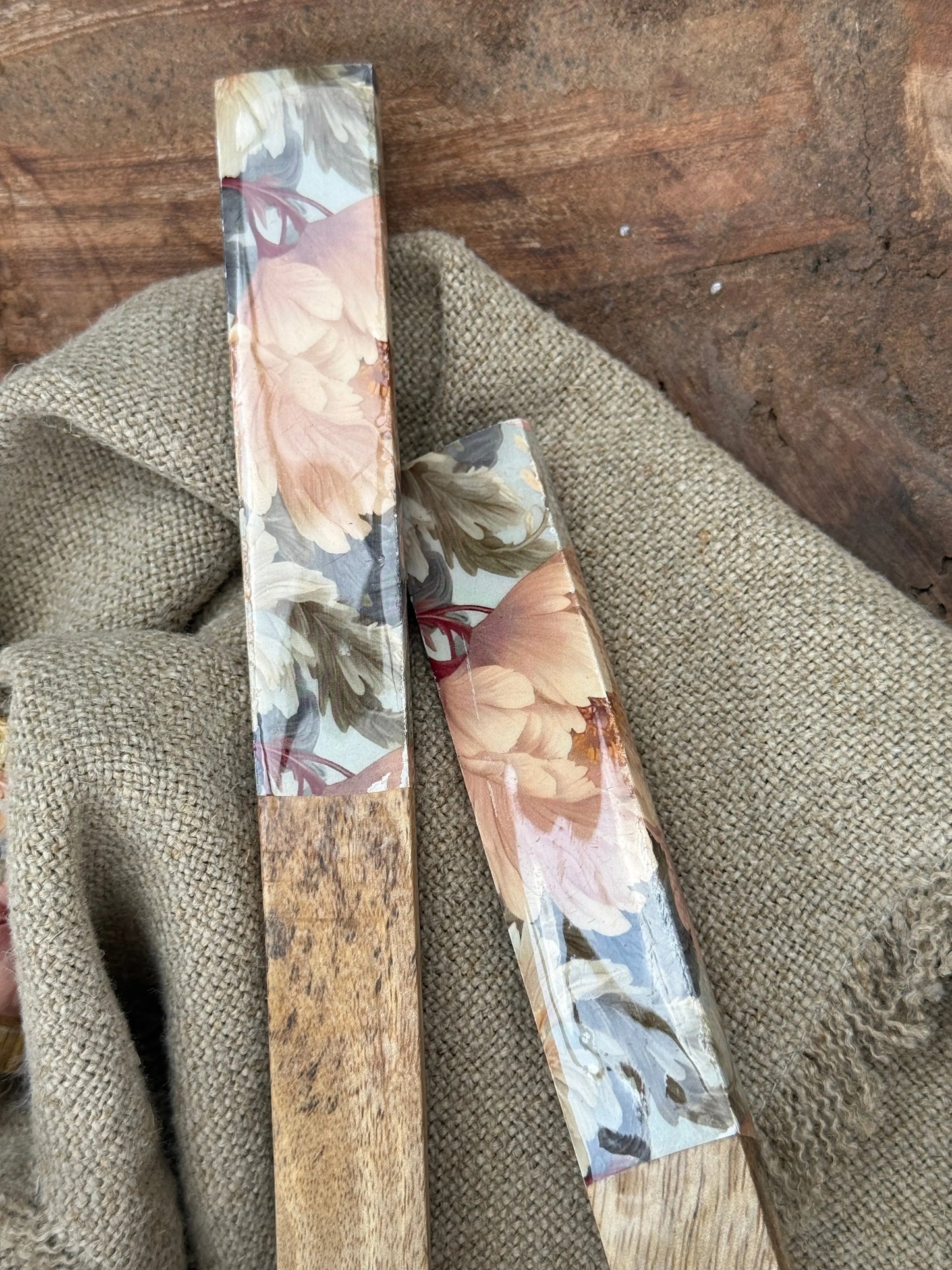 Wooden salad servers with floral print
