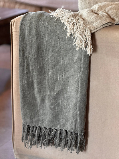 Cotton Plaid with Fringe -Green– 130x 160 cm.
