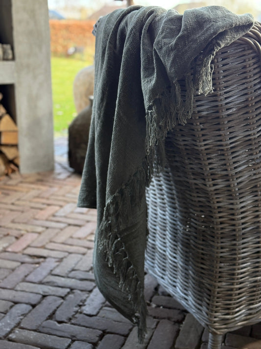 Katoenen Plaid met Franje -Groen– 130x 160 cm.