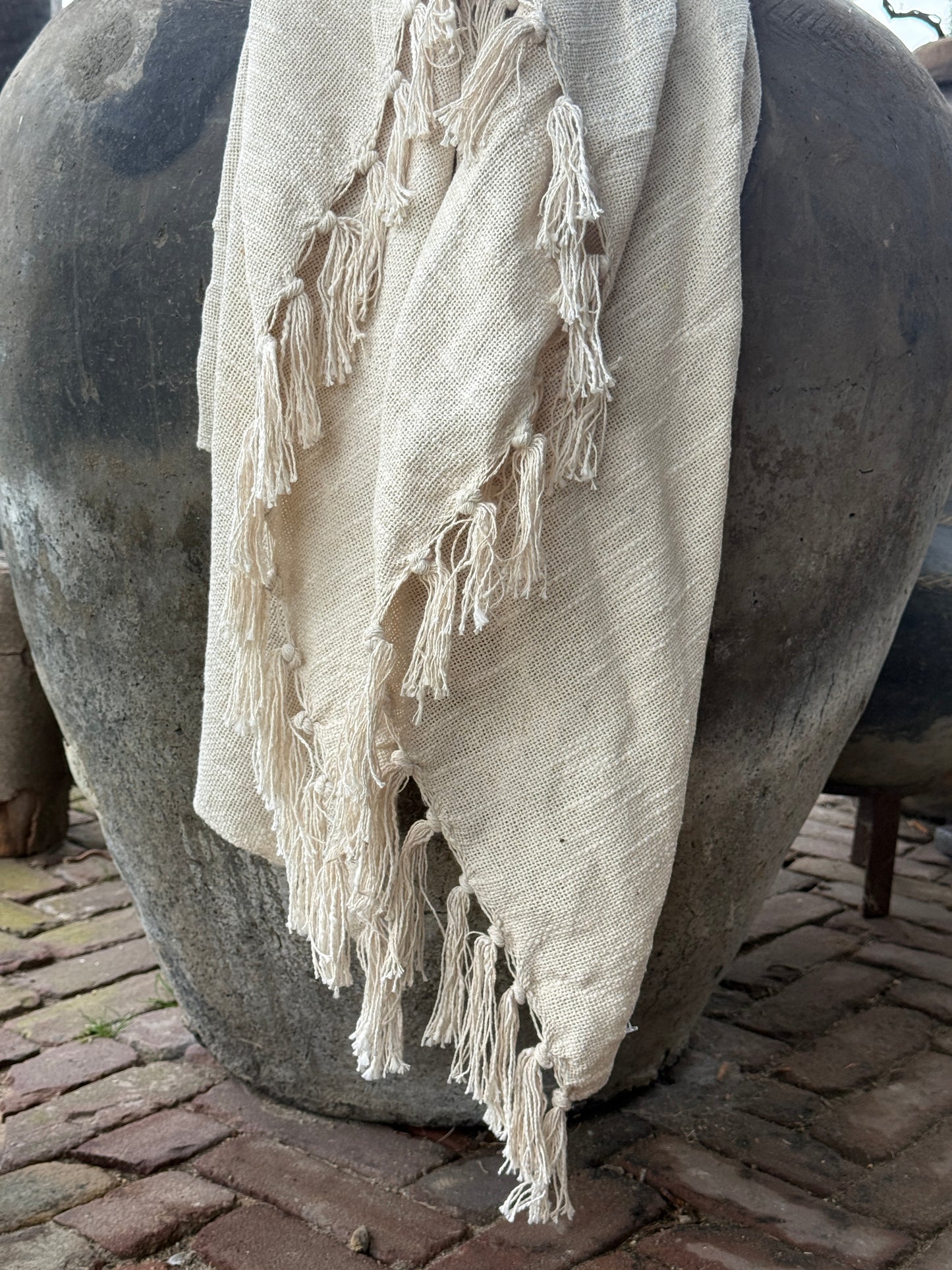 Katoenen Plaid met franje-Creme-130x160 cm.