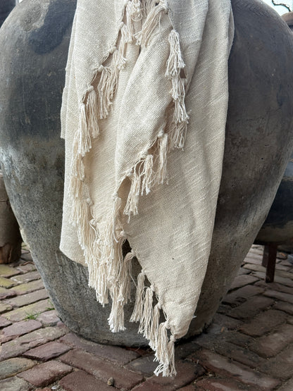 Katoenen Plaid met franje-Creme-130x160 cm.