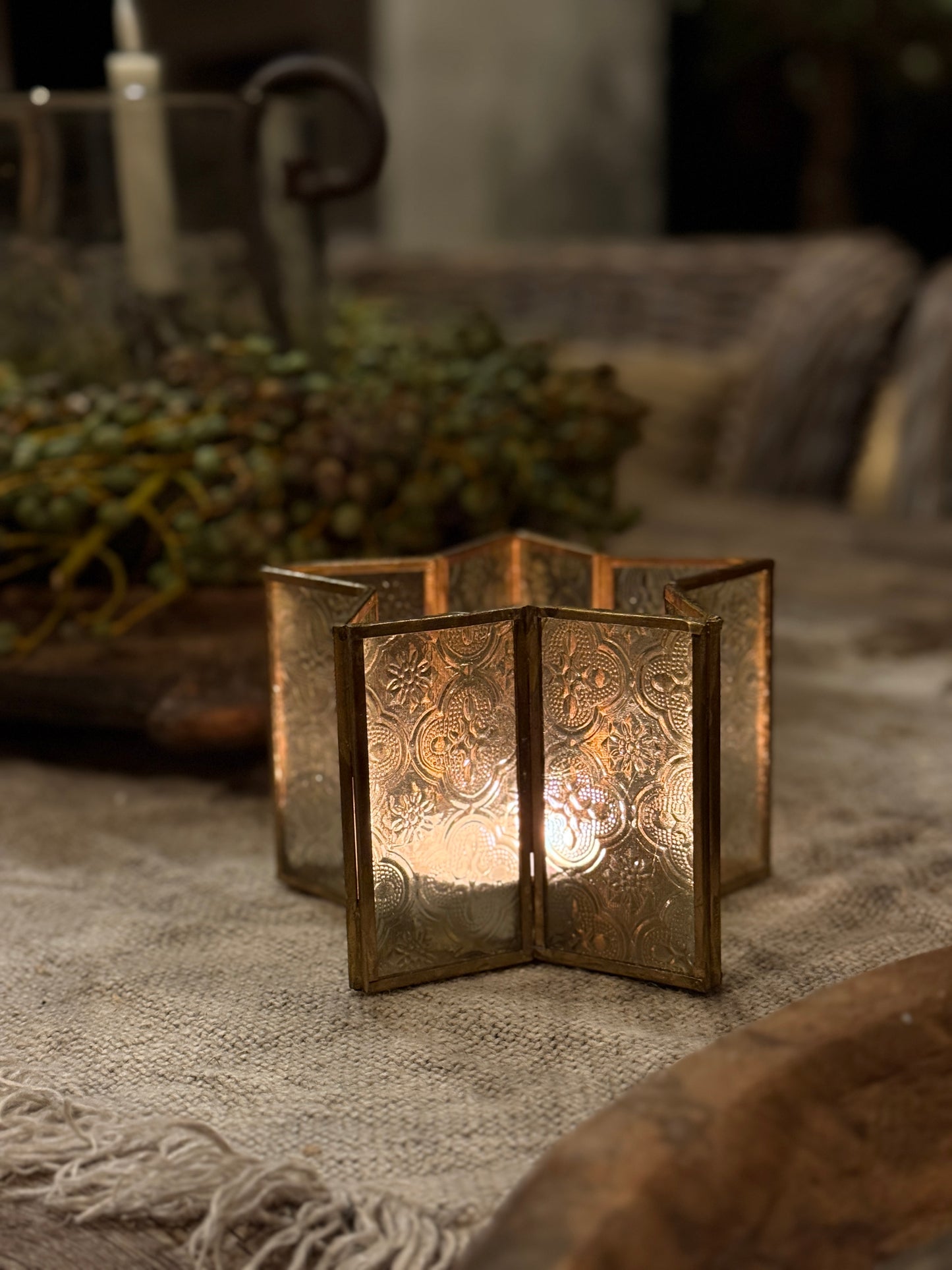 Windlicht Ster van Bewerkt Glas en Messing