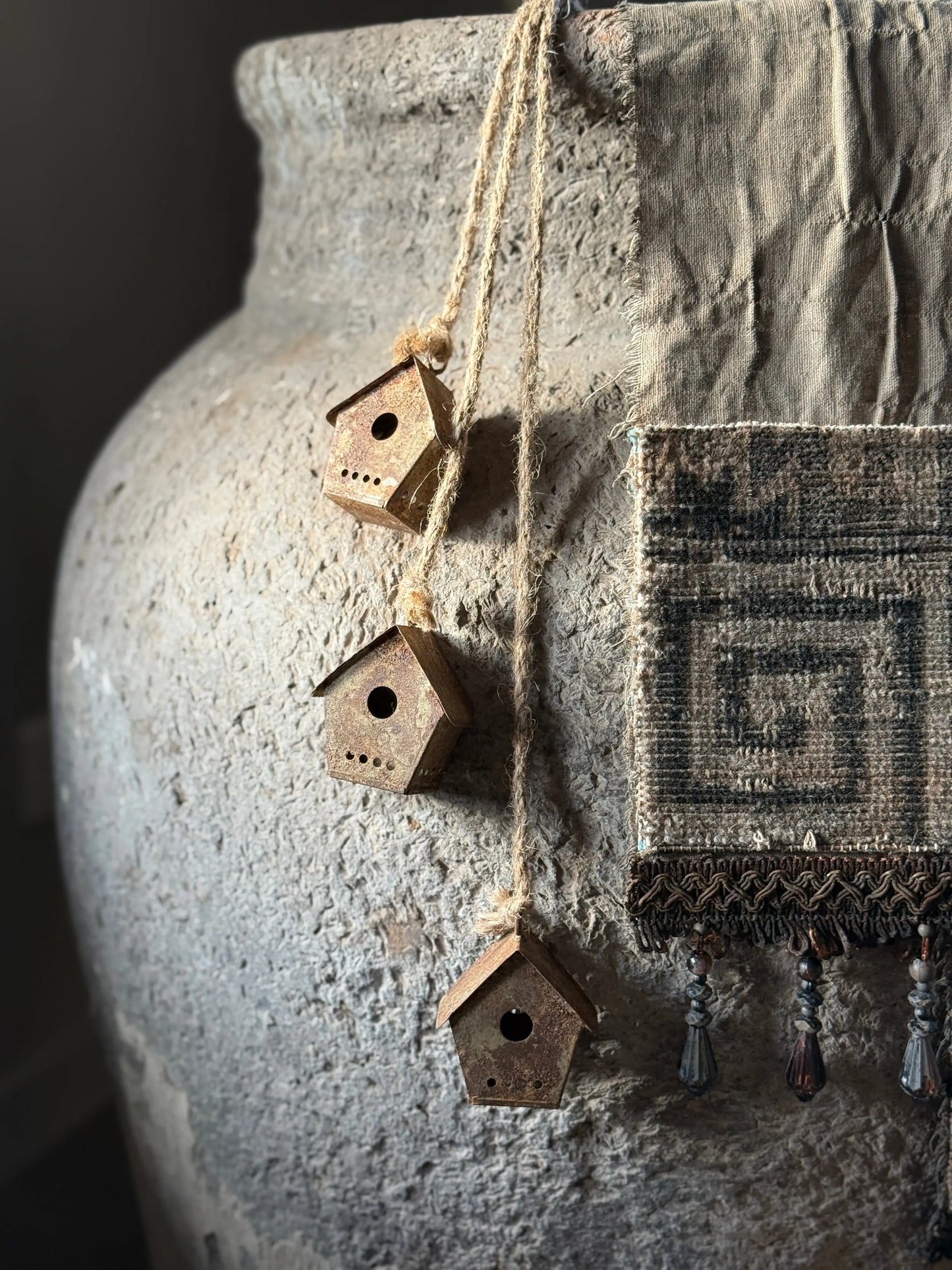 Set of 3 Rusted Houses on Sturdy Rope