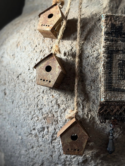 Set of 3 Rusted Houses on Sturdy Rope
