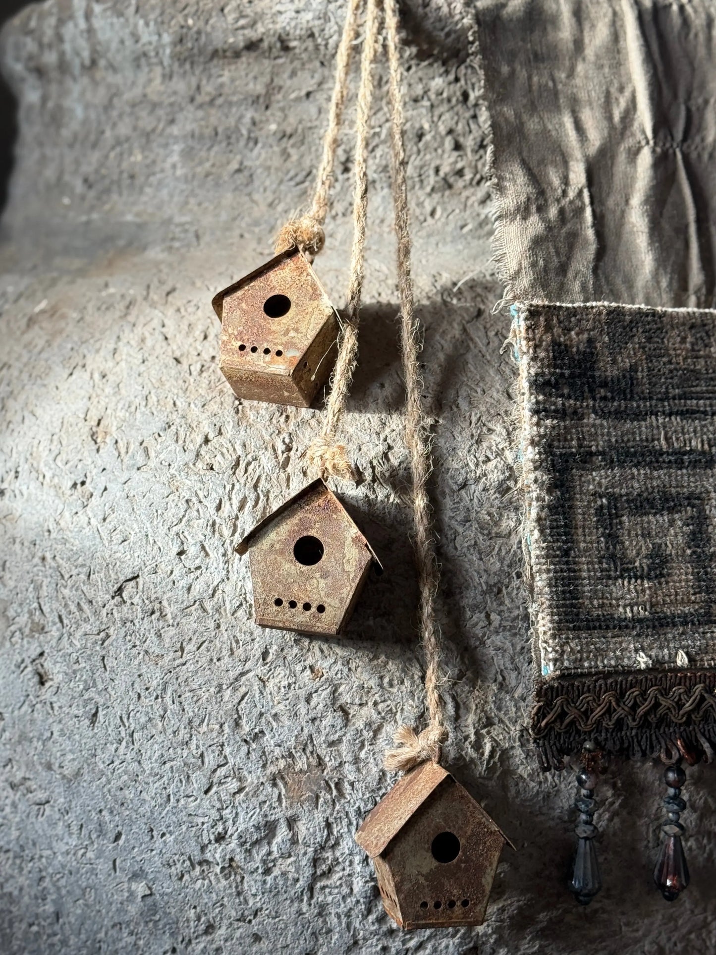 Set of 3 Rusted Houses on Sturdy Rope