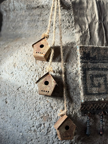 Set of 3 Rusted Houses on Sturdy Rope