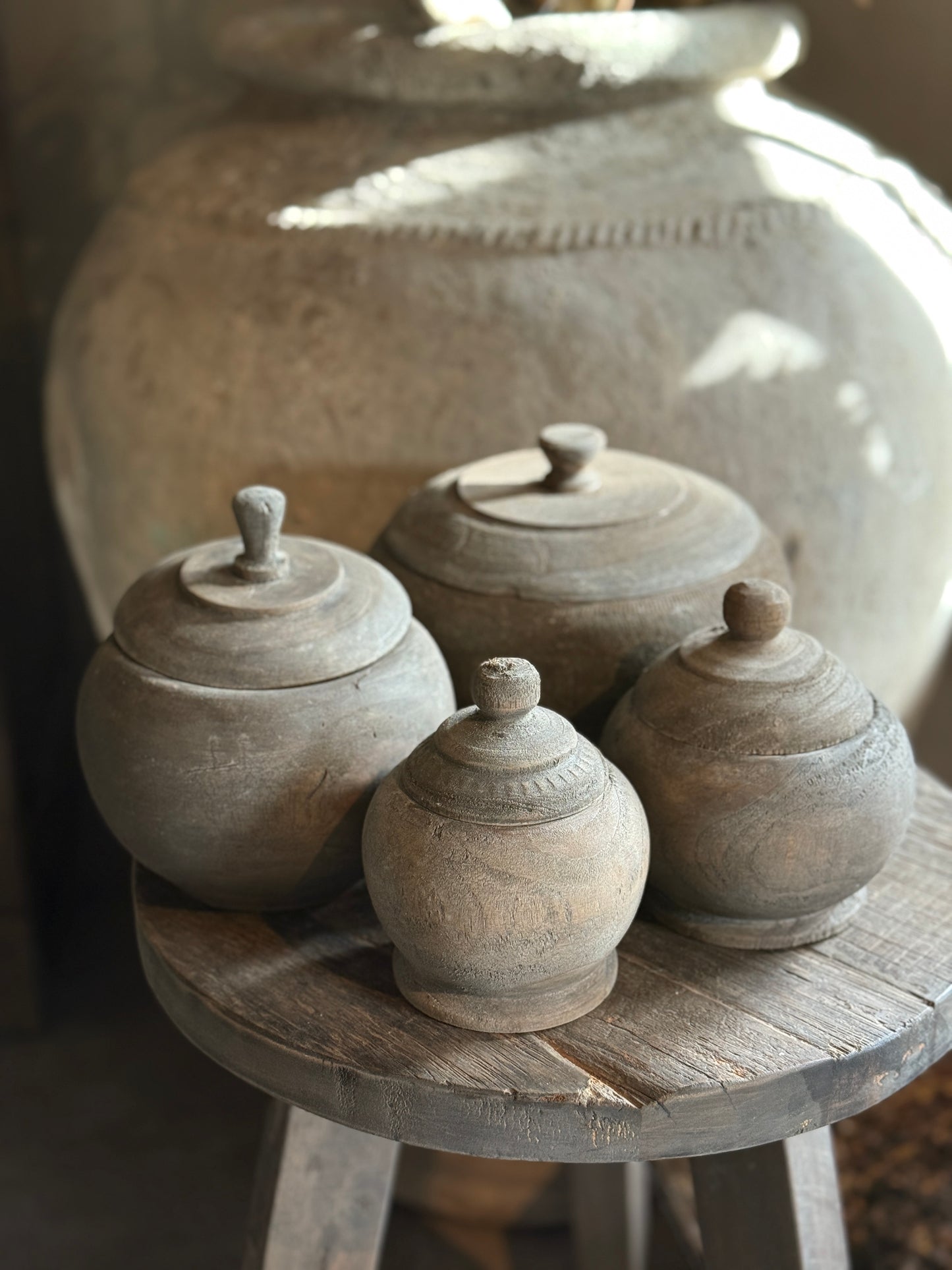 Houten potje met deksel - vergrijsd hout - verkrijgbaar in 4 maten