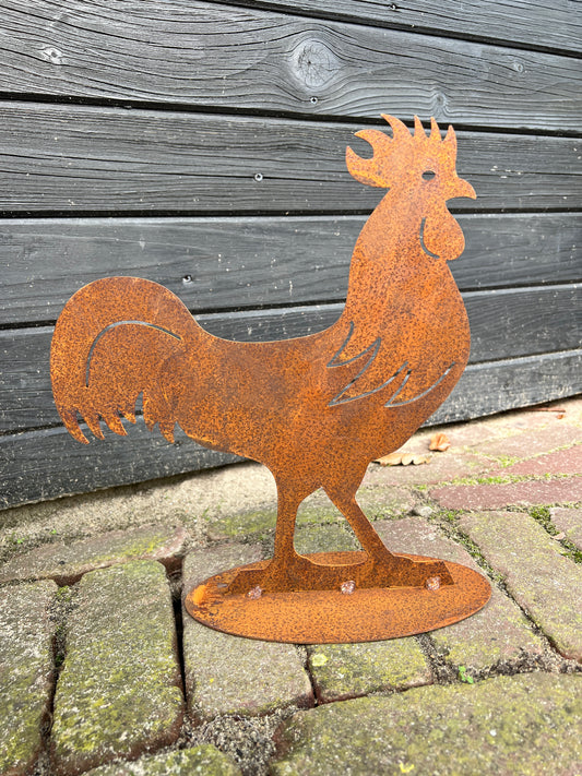 Rooster on foot, rusted